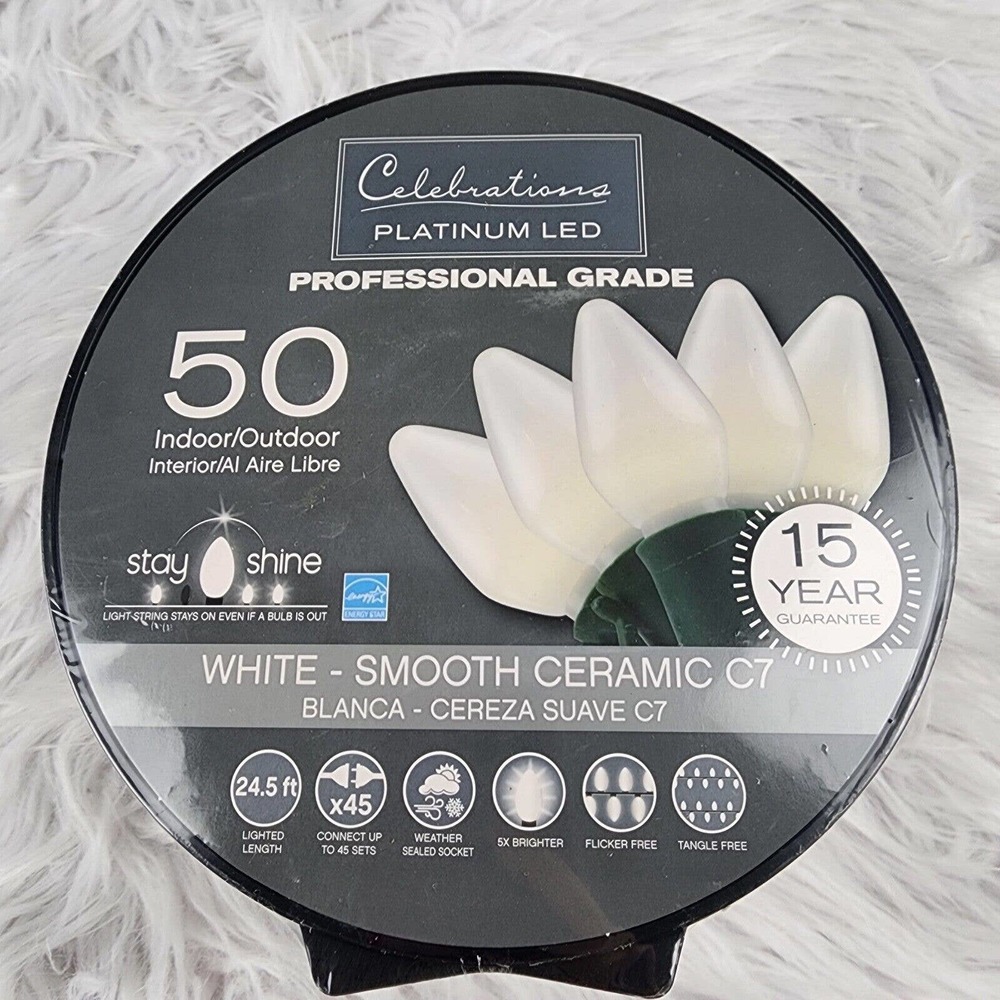 50 LED Light Set C7 Indoor Outdoor Celebrations Smooth White Party String Lights